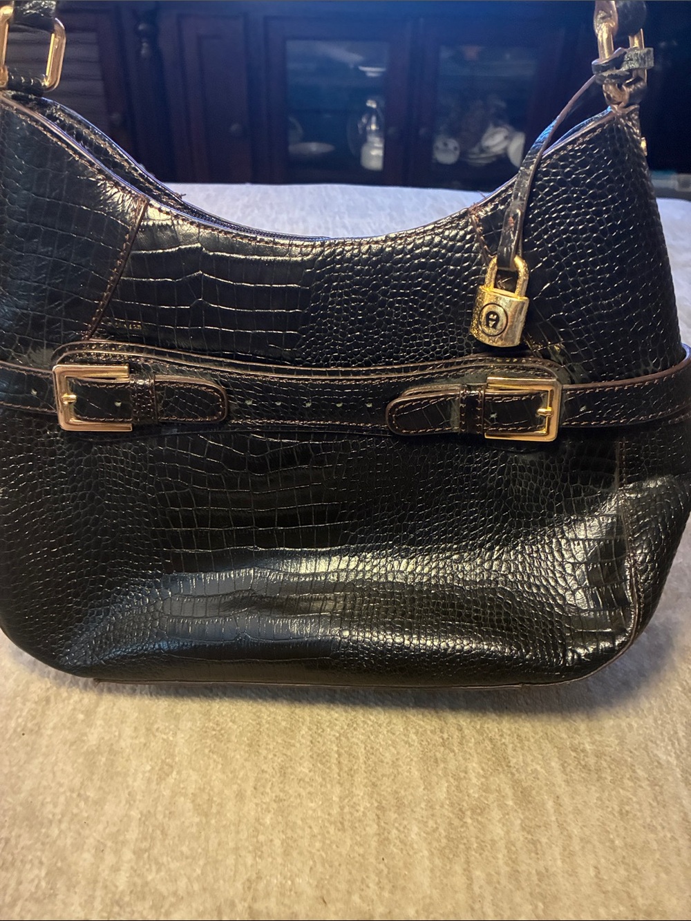 Etienne Aigner Black Croc-Embossed‎ Shoulder Bag with Gold Hardware